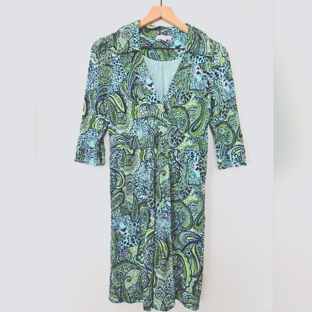 Lilly Pulitzer 100% Silk Blayney green blue pockets Dress Size 4